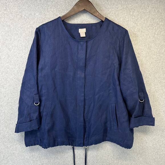 Chico's Short Linen Utility Jacket Womens Size 3 Navy Blue Snap Front 3/4 Sleeve - Picture 1 of 14